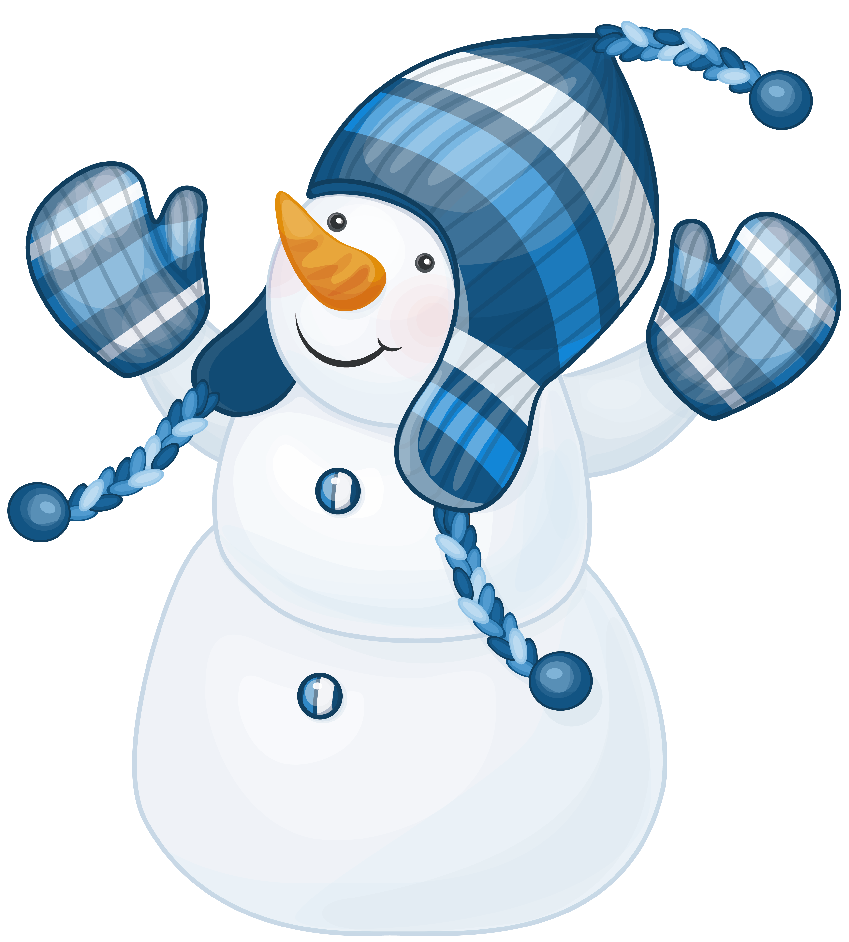 snowman with a blue and white striped hat and mittens