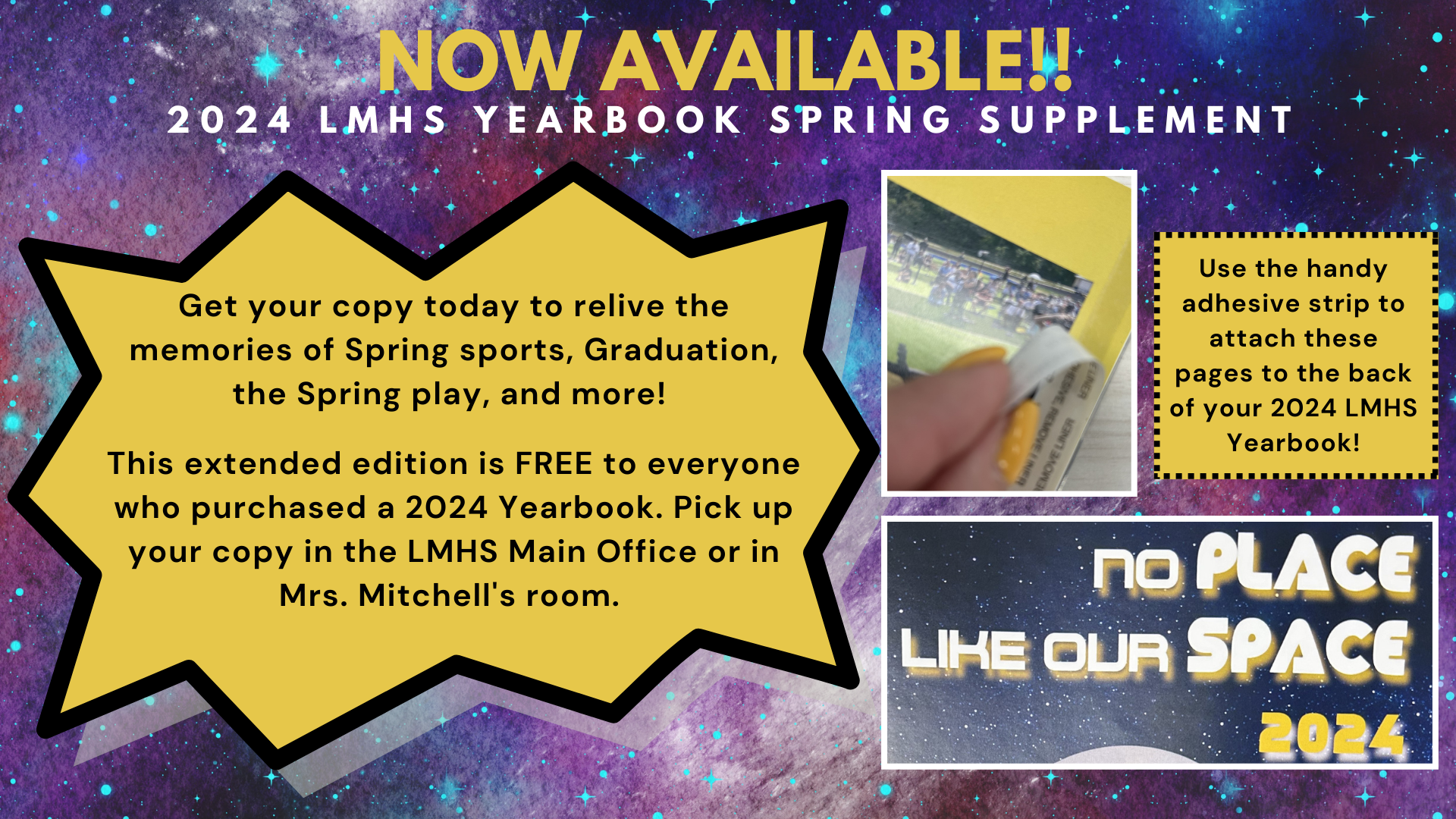 Students in grades 10 through 12: the 2024 LMHS Yearbook Supplement is AVAILABLE NOW! Get your copy today to relive the memories of Spring sports, Graduation, the Spring play, and more! This extended edition is FREE to everyone who purchased a 2024 Yearbook. You can even use the handy adhesive strip to attach these pages to the back of your 2024 Yearbook. Do you have a sibling who graduated last year? Don't forget to get a copy to give to them!! Pick up yours today in the LMHS Main Office or in Mrs. Mitchell's room.